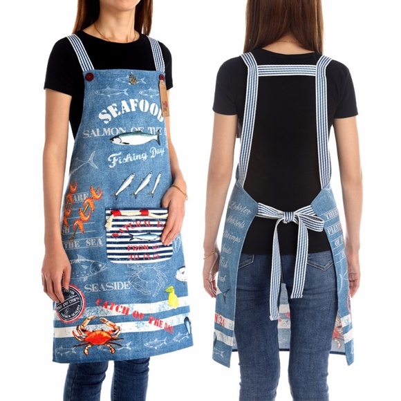 NWT Kitchen APRON SEAFOOD fish chef Apron - French Chic Apron 100% Cotton - OS - Picture 7 of 10